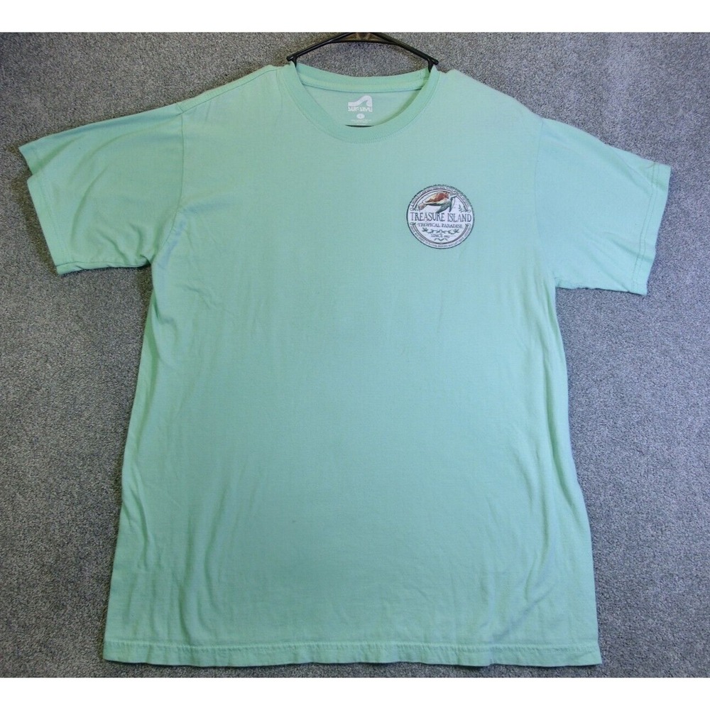 Surf Style T-Shirt Mens Large Treasure Island Cotton Light Green Surfer Beach